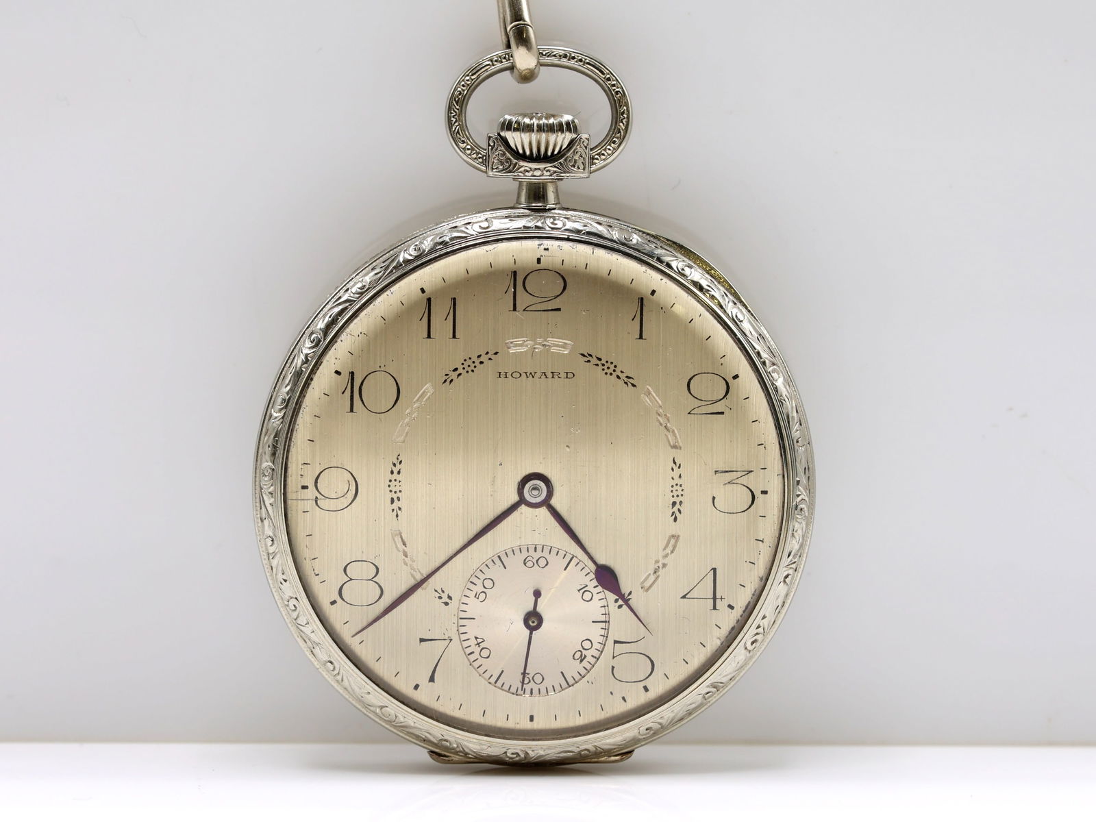 Howard 14k Pocketwatch and Fob: 14k white gold Howard pocket watch with engraved case, manual wind 12-size 19-jewel movement (Series 6, Model 1912, est. 1916), with a white gold fob and pen knife, total weight 56.4dwt, original box