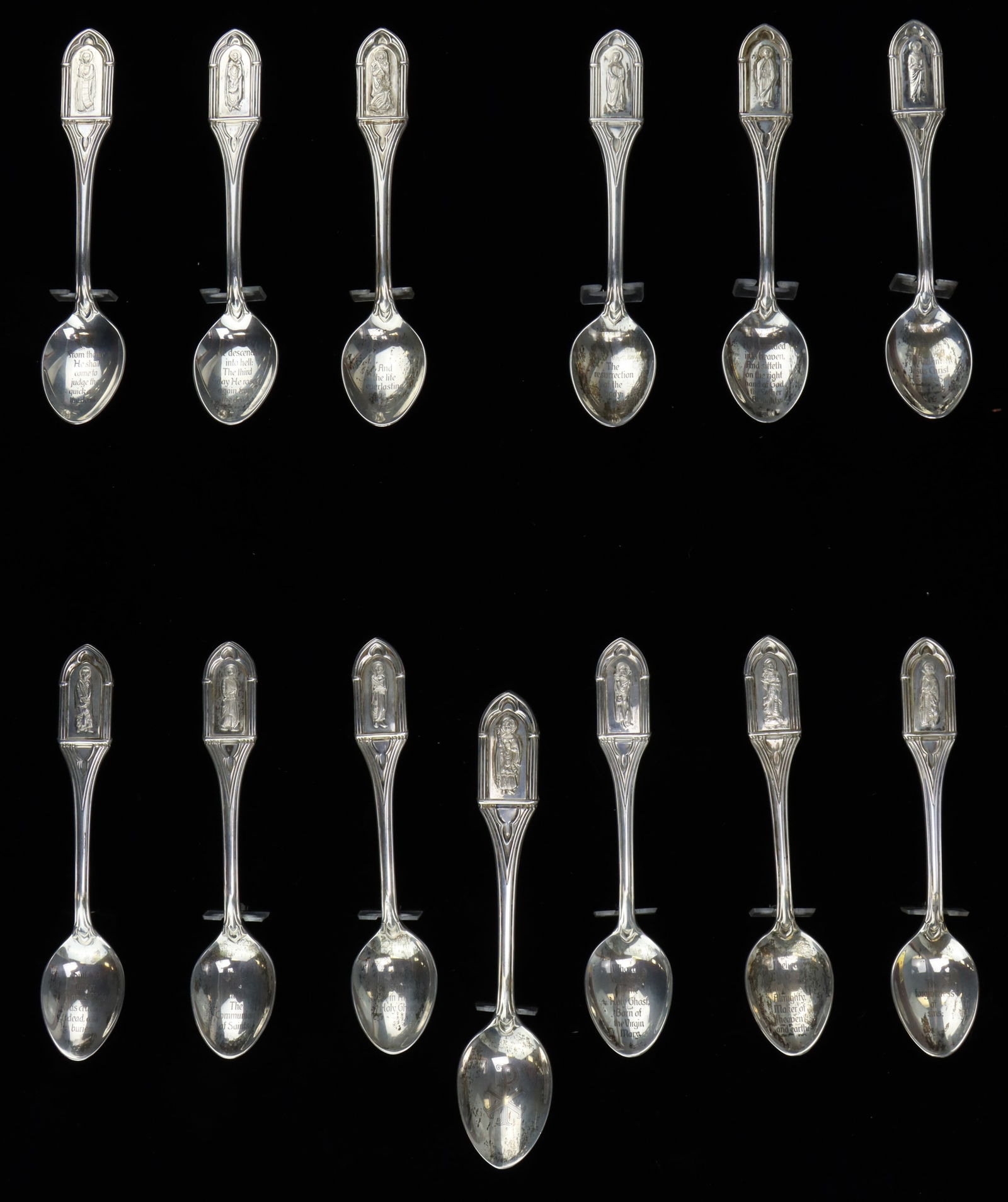 Franklin Mint Sterling Silver Apostle Spoons: Collection of Apostle Spoons, with (13) sterling silver spoons in a shadow box display. Includes paperwork. 5.25", and 14.47 ozt