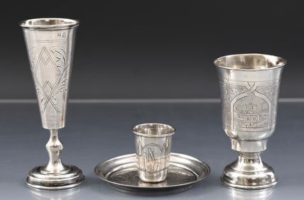 Imperial Russian Silver Kiddush Cups and Tray