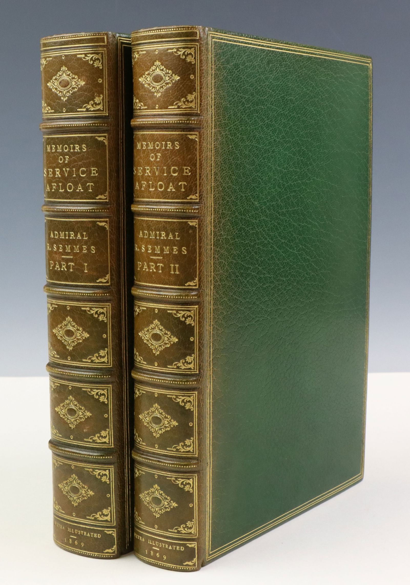 Memoirs of Raphael Semmes-Fine Bindings: Two volume set of books titled "Memoirs of Service Afloat During the War Between the States" by Admiral Raphael Semmes, published by Kelly, Piet & Co., Baltimore, 1869. Books are octavo in size and pr