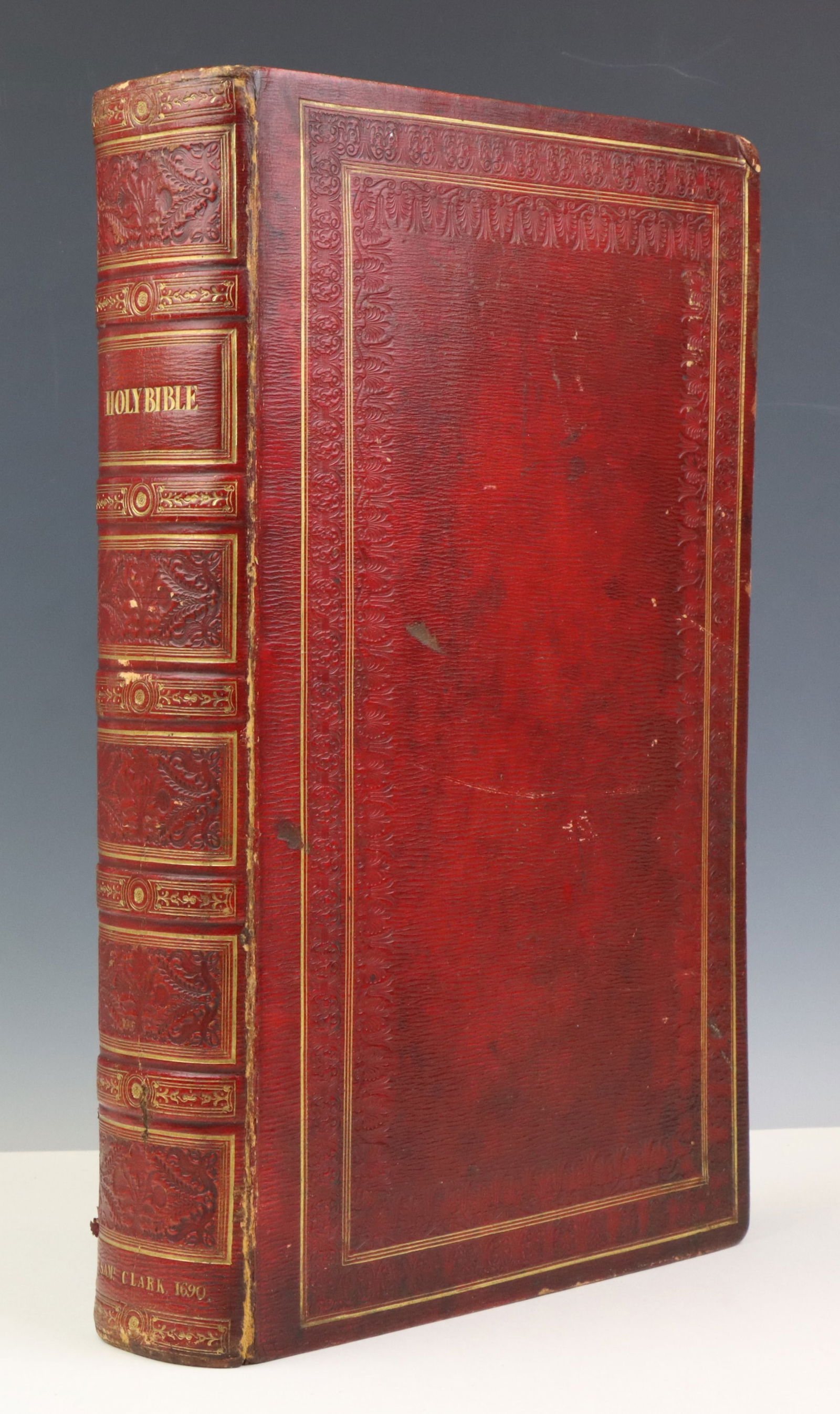 English Bible 1690 With Fore-Edge Painting: Large Bible titled "The Holy Bible . with Annotations and Parallel Scriptures. To Which is Annex'd The Harmony of the Gospels" by Samuel Clark, printed by J. Rawlins for R. Chiswell & J. Robinson, and