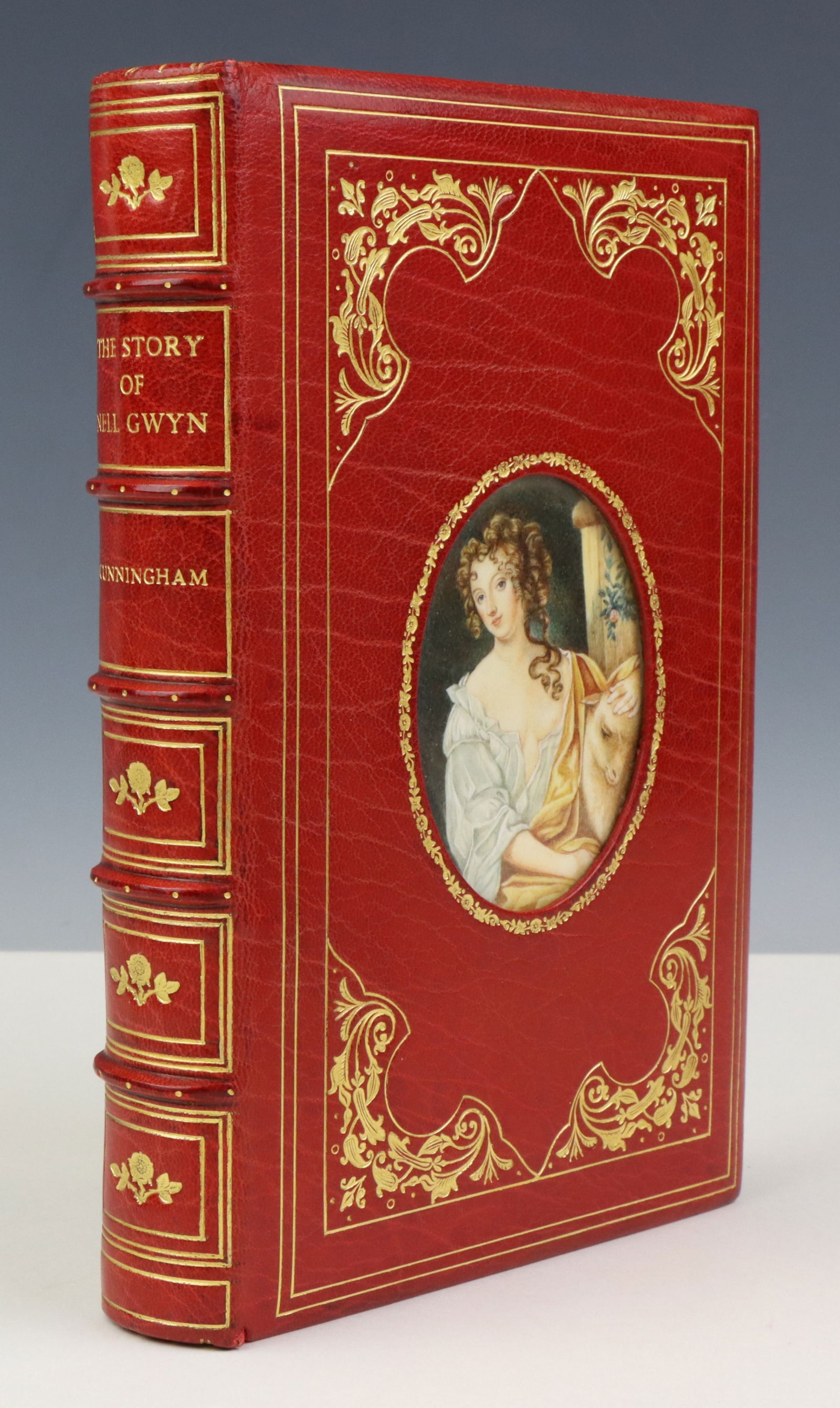 Nell Gwyn-Fine Binding with Miniature: Book titled "The Story of Nell Gwyn and the Sayings of Charles the Second" by Peter Cunningham, privately printed for the Navarre Society, Southampton, 1927. Book is octavo in size and presents full r