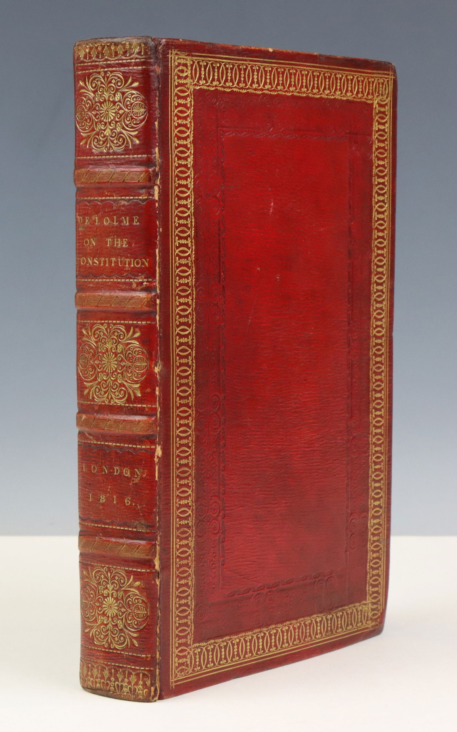 Nineteenth Century Book With Fore-Edge Painting: Book titled "The Constitution of England Or, An Account Of The English Government" by J L DeLolme, published by G. Wilke, J. Cuthell and J. Stockdale, London, 1816. Book is octavo in size and presents