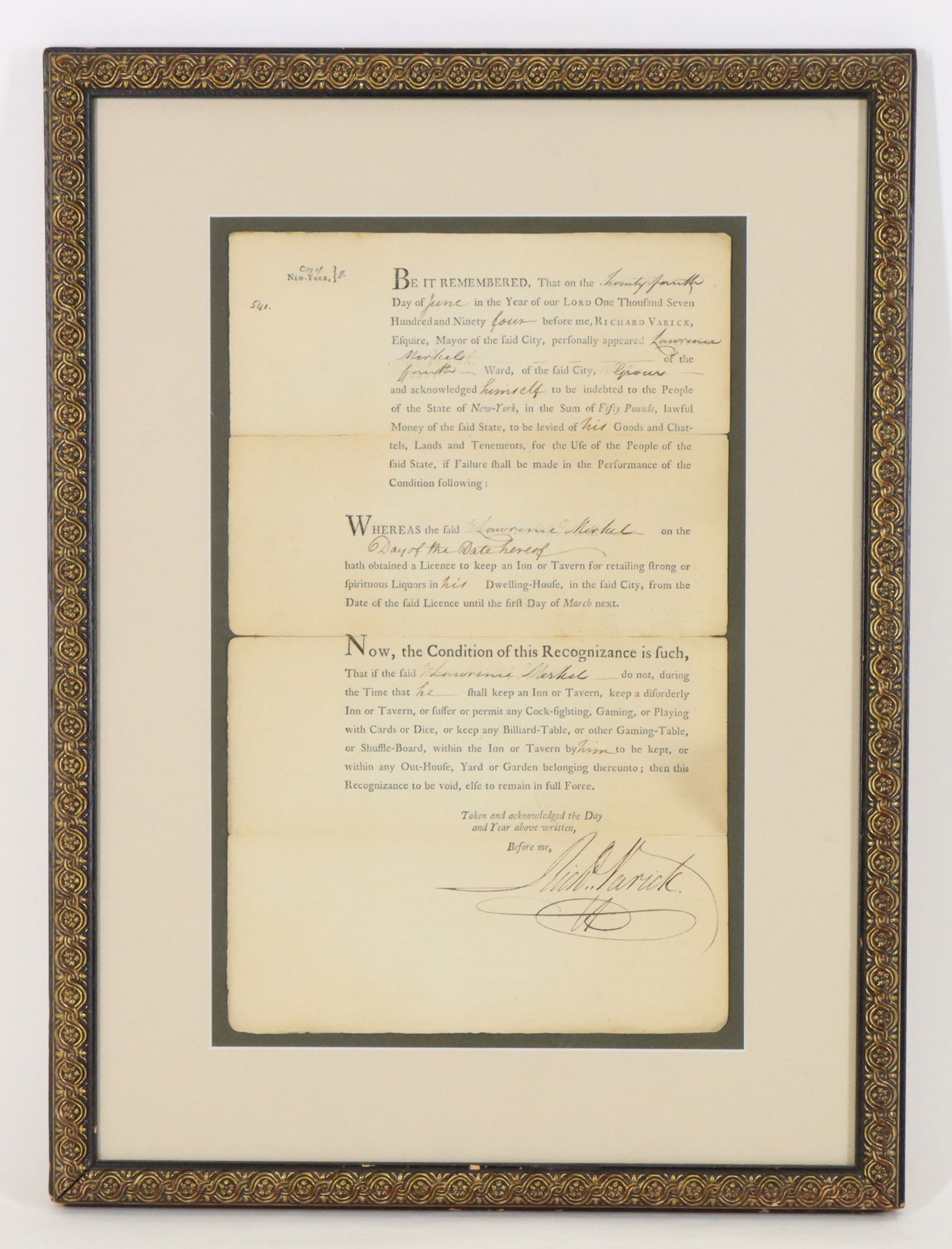 Eighteenth Century New York Inn License-Varrick Signed: An 18th century license from New York to operate an inn to sell spiritous liquors. License issued to Lawrence Merkel and is dated June 24, 1794 and is signed by Richard Varick (1753-1831) American law