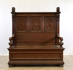 English Carved Oak Box-Settle