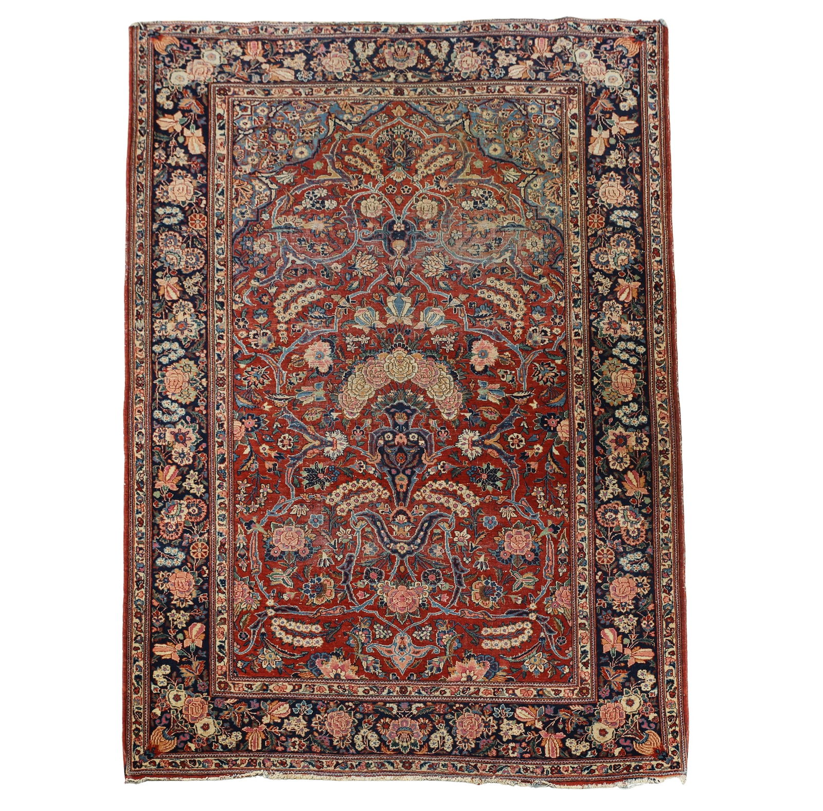 Persian Kashan Silk Prayer Rug: Hand knotted with a centralized vase motif with a surrounding all over floral and vine scroll pattern in the field, curvilinear floral spandrels, and the main border having repeating flowerheads and