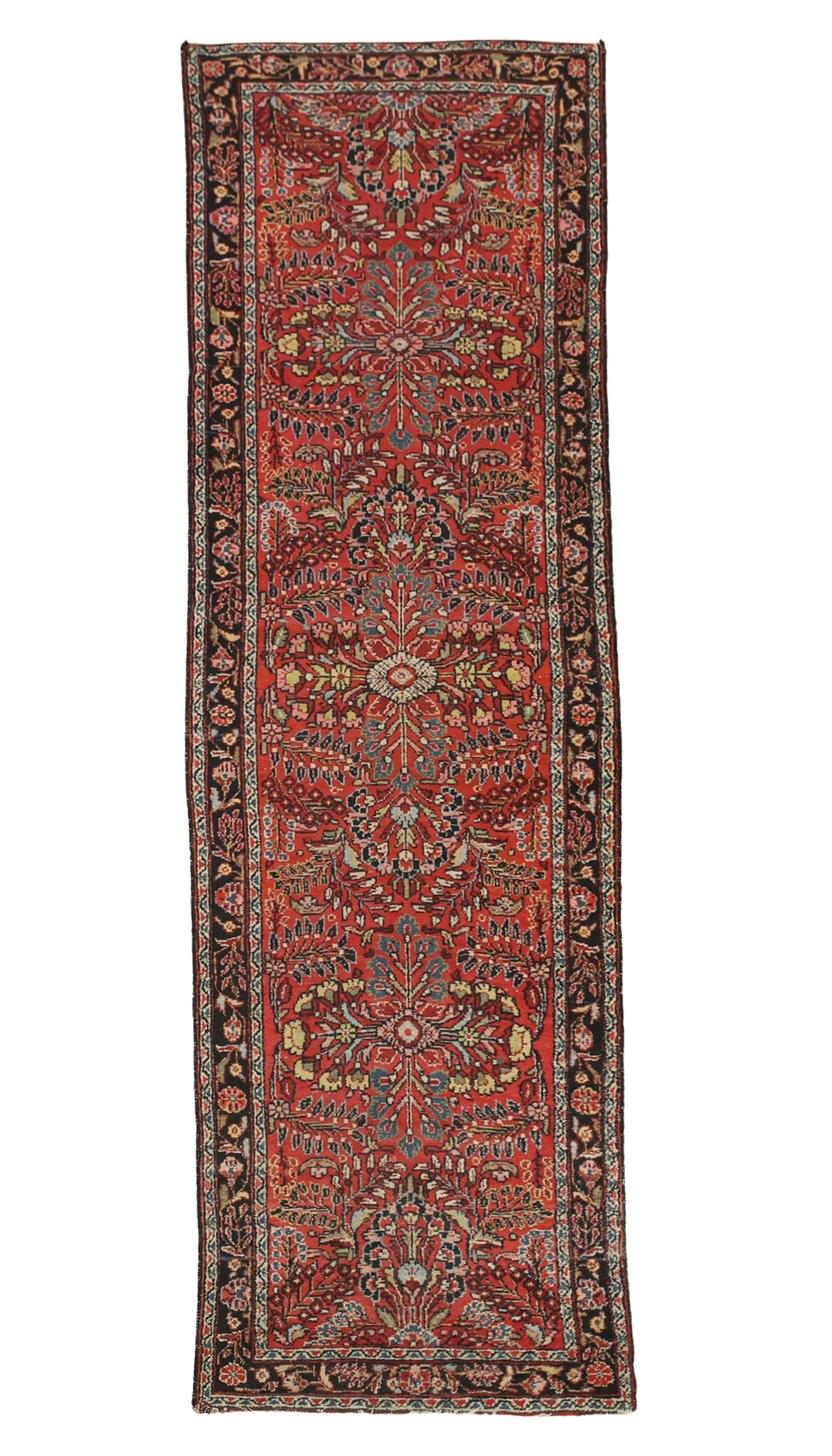 Northwest Persian Runner: Hand knotted with repeating palmette motifs in the field in a red ground and having a meandering floral and foliate dark brown mian border. Earyl 20th c. Long rug. 2'8"w x 10'6"l