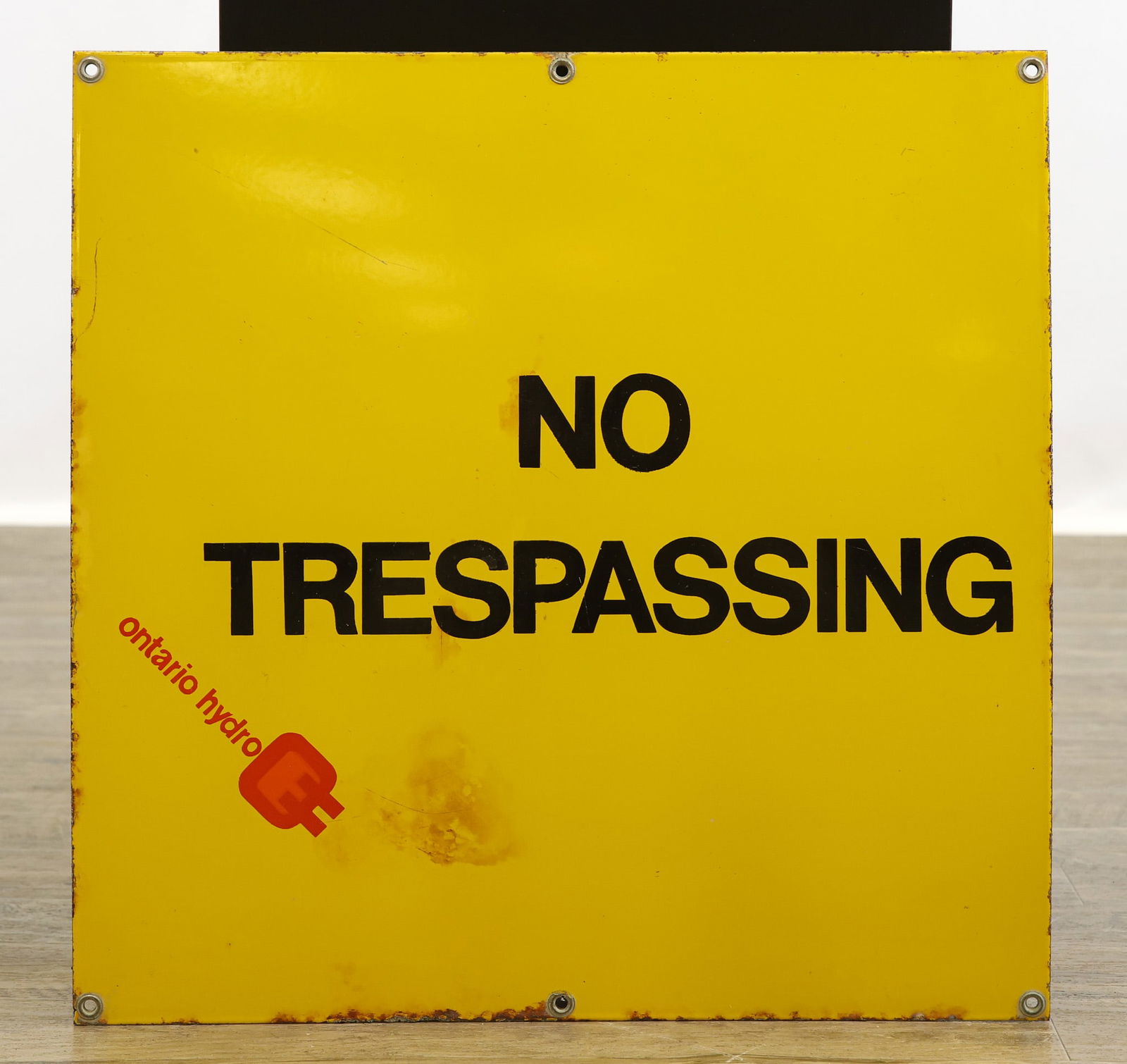 Ontario Hydro No Trespassing Sign: Steel yellow painted minimalist sign with Ontario Hydro mark. 20"h x 20"w