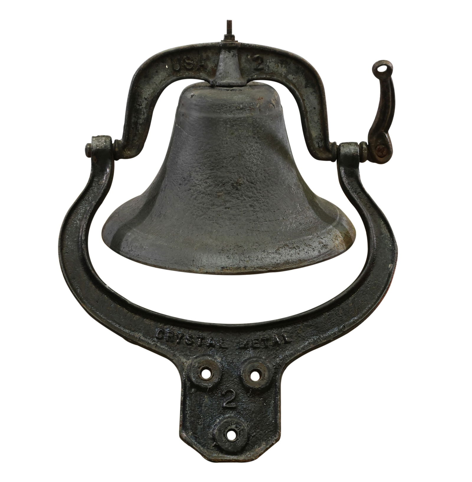 Late 19th c. Farm Bell: Cast iron yoke, bell, and clapper. Marked "Crystal Metal 2" and "USA 2". Bell 14"h x 15"(dia). Overall 24"h x 19.5"w x 15"d
