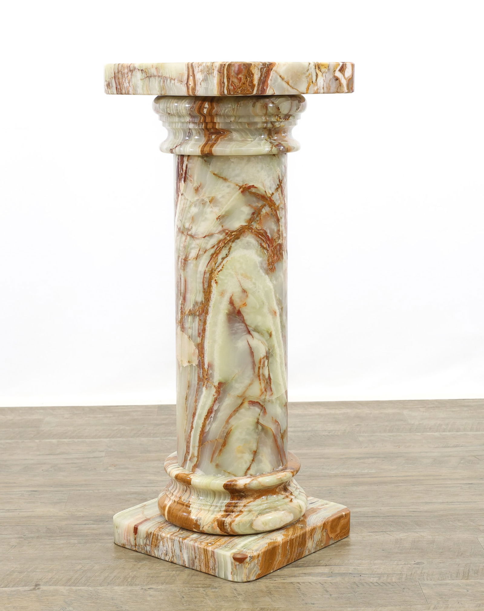 Italian Variegated Marble Column Pedestal: Square top over a turned columnar pedestal on a square base. 34.5"h x 13"w x 13"d
