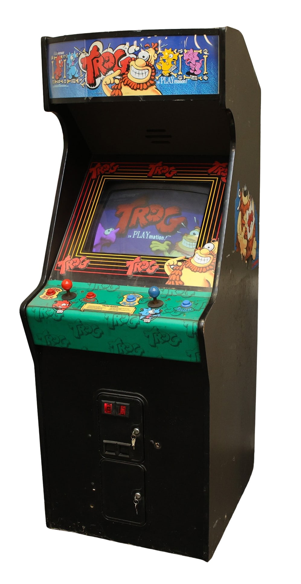 1990 Bally Midway Trog! Arcade Game: Multi-player arcade game with the characters in "PLAYmation". Serial No. 292153. In working condition. 72"h x 25.5"w x 31"d