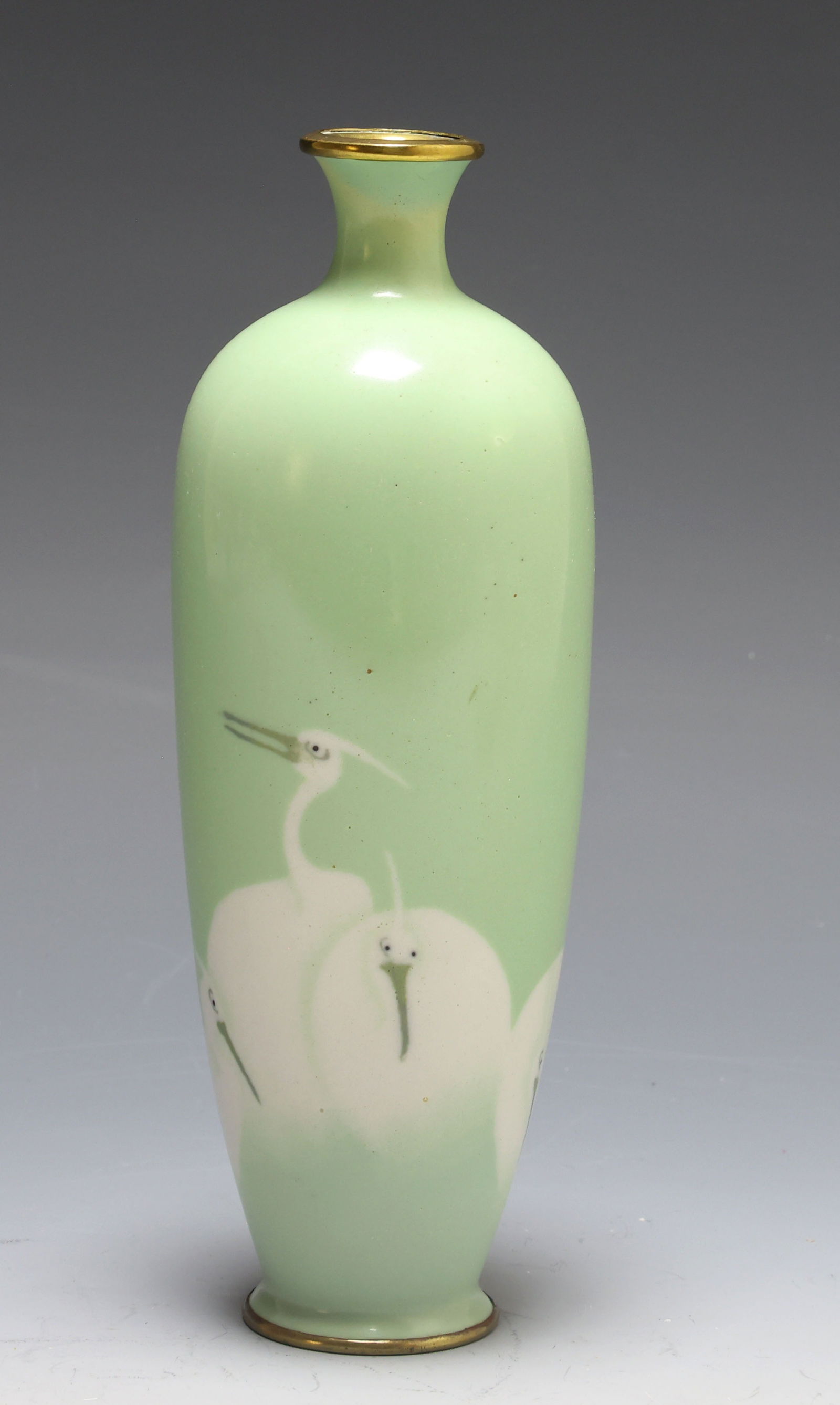Japanese Wireless Cloisonne Vase: Meiji - Taisho era musen wireless cloisonne vase decorated with egrets on a seafoam green ground. Unmarked. 7"h x 2.25"w