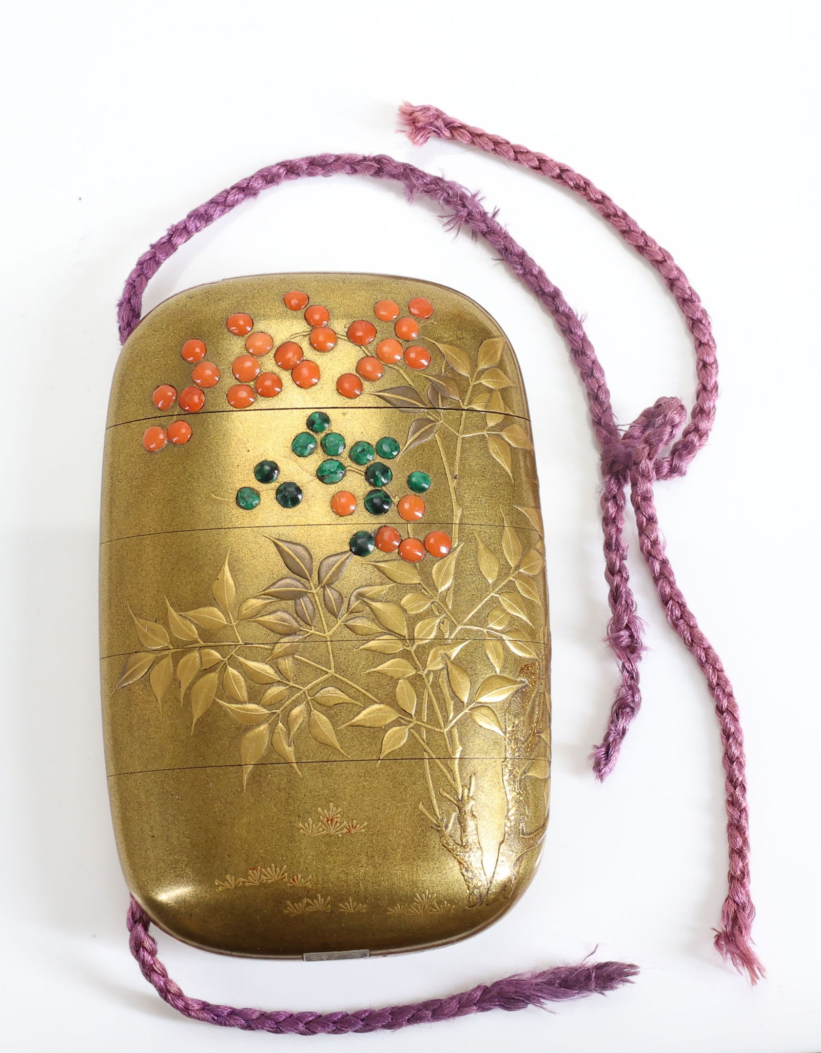 Shokasai / Shibayama Japanese Lacquer Inro: Edo - Meiji era four-case inro, hira maki-e and low relief taka maki-e on gold fundame with silver and red accents and inlaid raden of turquoise and coral, depicting buds on tree branches, and with na