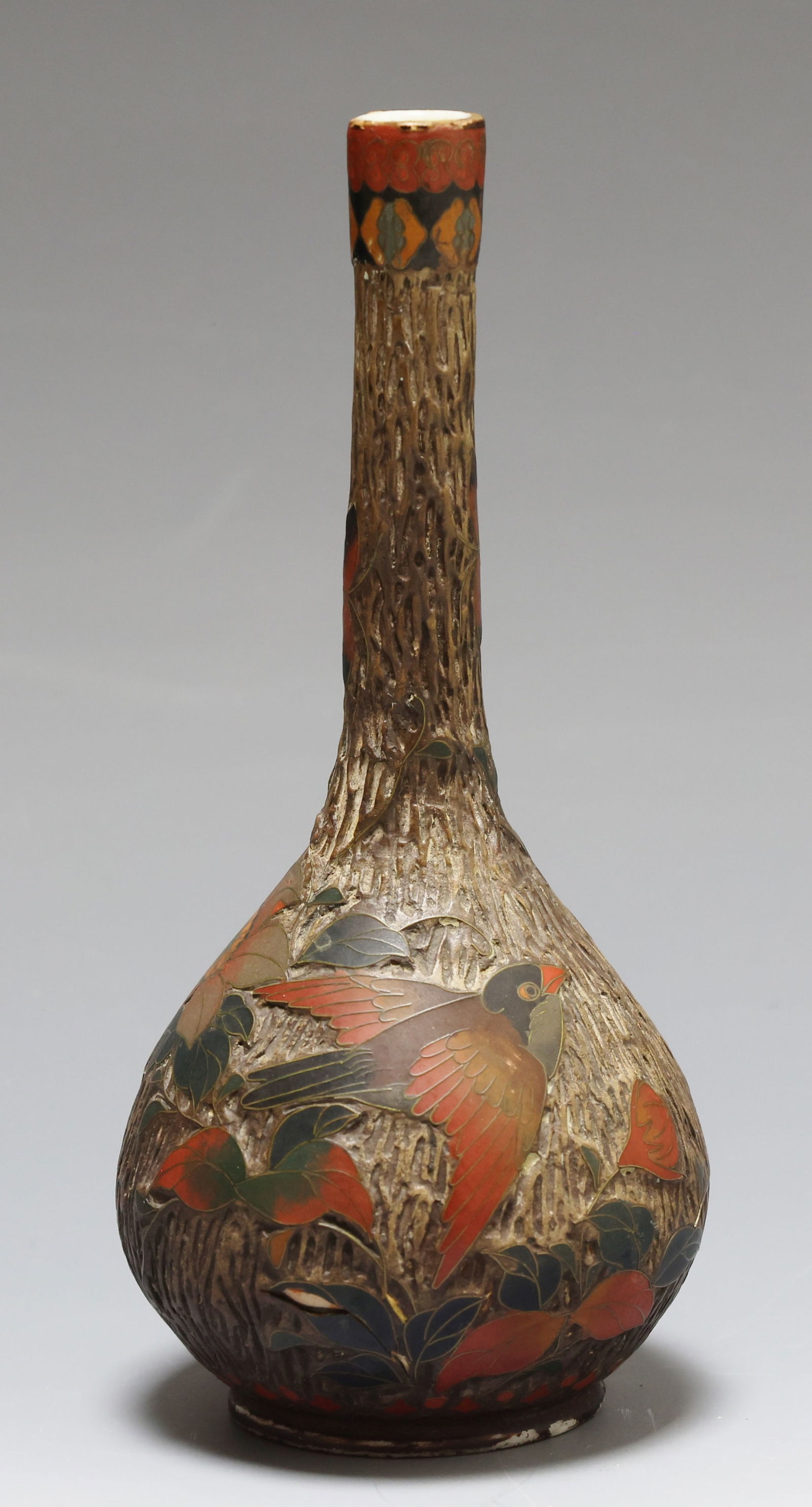 Japanese Jiki Shippo Tree Bark Cloisonne Vase: Meiji era vase, silver wire cloisonne on porcelain with a "tree bark" textured ground, decorated with birds, flowers, and geometric motifs, unmarked. 6"h x 2.5"w