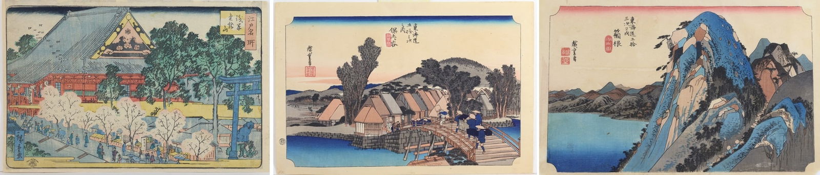 Utagawa Hiroshige (1797–1858): Japanese woodblock prints (2), late Edo period. Includes "Z?j?-ji Temple, from Famous Places of Edo", depicting springtime activity beneath flowering trees at the prominent Shiba temple complex, and "
