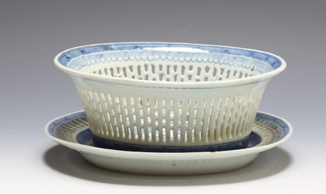 Chinese Canton Porcelain Chestnut Basket and Underplate