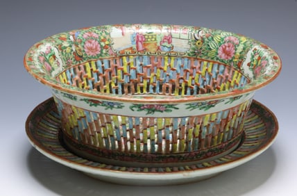 Chinese Rose Medallion Porcelain Chestnut Basket and Underplate