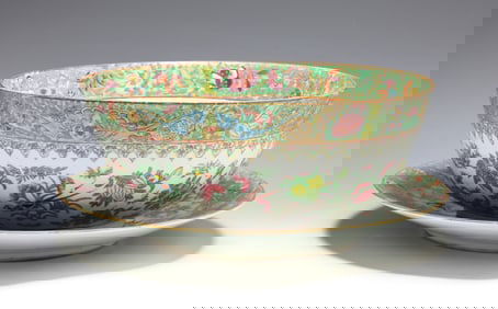 Chinese Rose Medallion Porcelain Punch Bowl and Underplate