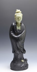 Chinese Zitan Wood and Jade Guanyin Sculpture