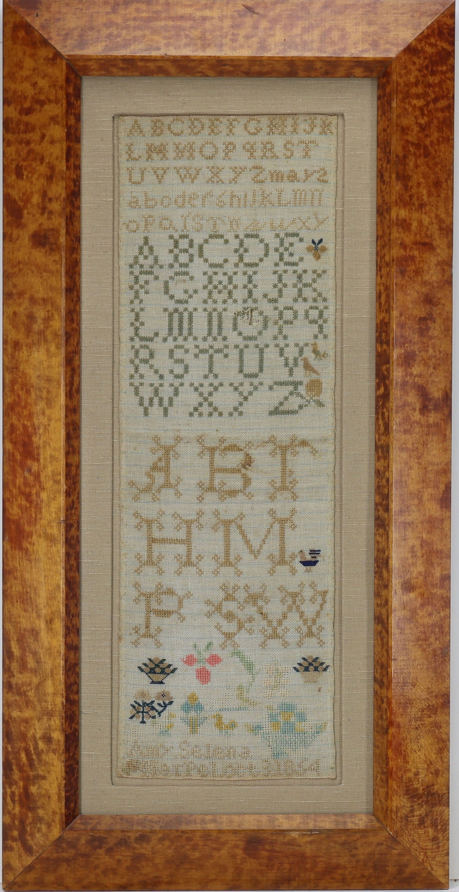 Needlework Alphabet Sampler, 1854: Alphabet sampler worked by Amy Selena Werpel and completed Oct, 3, 1854. Vertical orientation with both upper and lowercase lettering accented with insects and birds. Lower quarter having maker's name