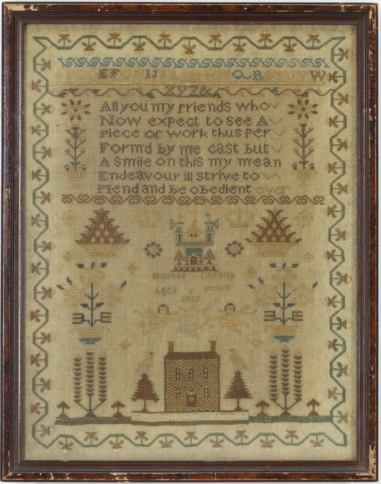 Needlework Motif & Verse Sampler, 1822: Embroidered sampler worked by Susanna Cornish, 1822. Strawberry and vine border, uppercase alphabet on two lines above a verse that reads "All you my friends who/now expect to see a/piece of work