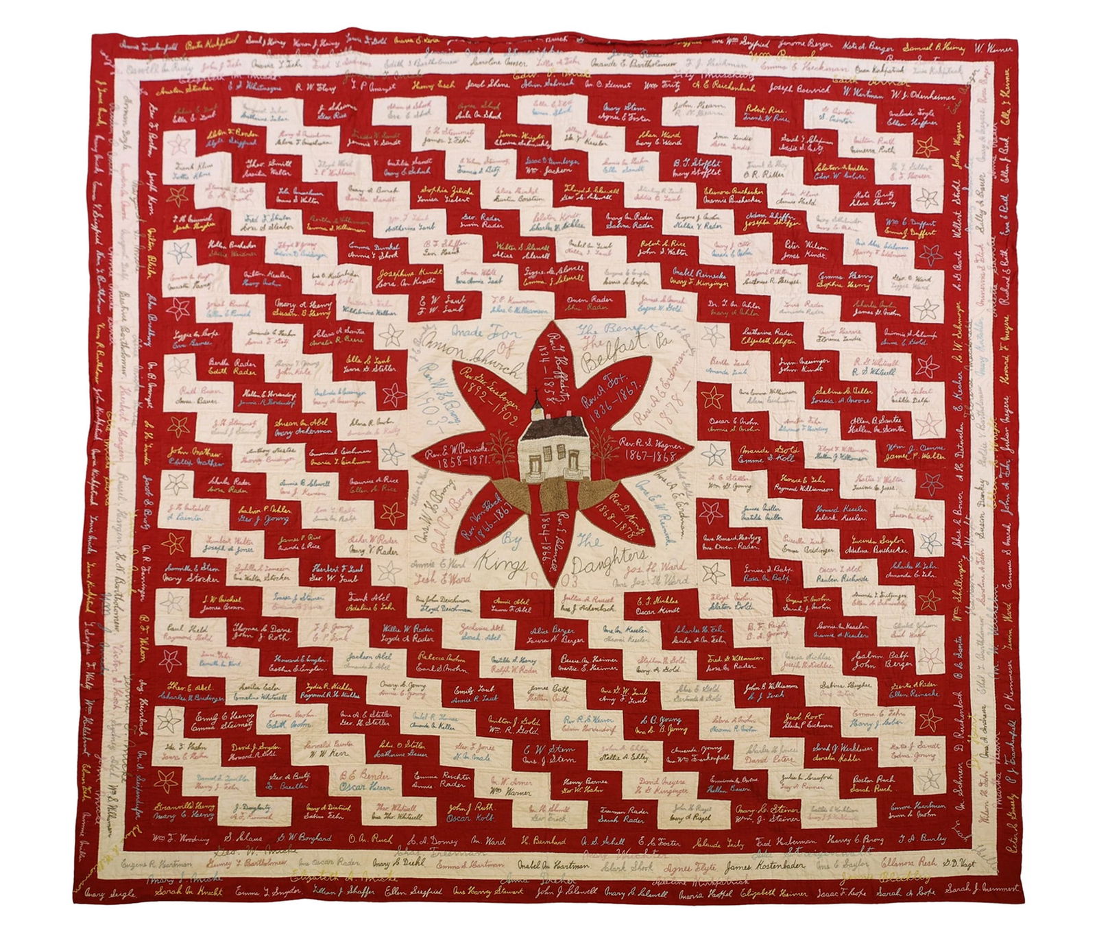 Pennsylvania Signature Quilt, 1903: Early 20th century American signature quilt made for Anson Church, Belfast, Pennsylvania, embroidered and inscribed by members of the King’s Daughters, dated 1903. The quilt centers on a stylized ch