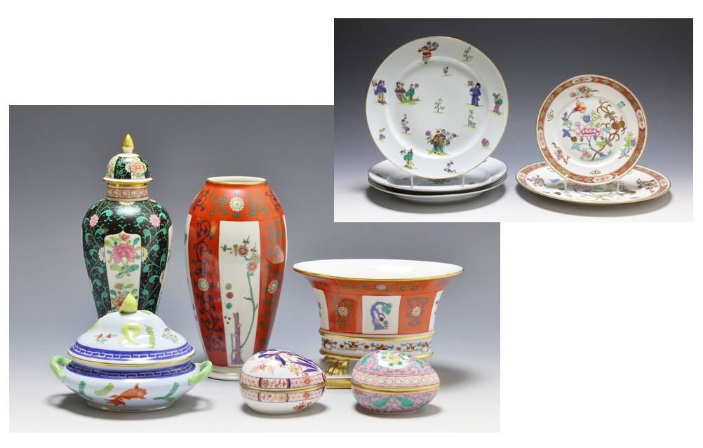 Herend Chinoiserie Porcelain Tablewares: Hungarian porcelain tablewares, including "Red Dynasty" vase and oval Empire vase, "Black Dynasty" covered urn, "Yellow Dynasty" dessert plate, "Shanghai" salad plate and dinner plate, "Ming" salad pl