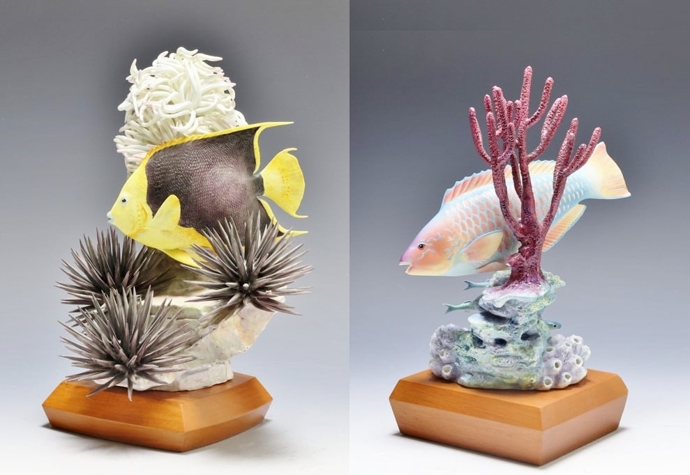 Royal Worcester Porcelain Fish Figurines: Royal Worcester porcelain “Rock Beauty - Holacanthus Tricolor, copyright 1963, #342” and “Red Hind- Epinephelus Guttatus, #457”. Each designed and modeled by Ronald Van Ruyckevelt (b.