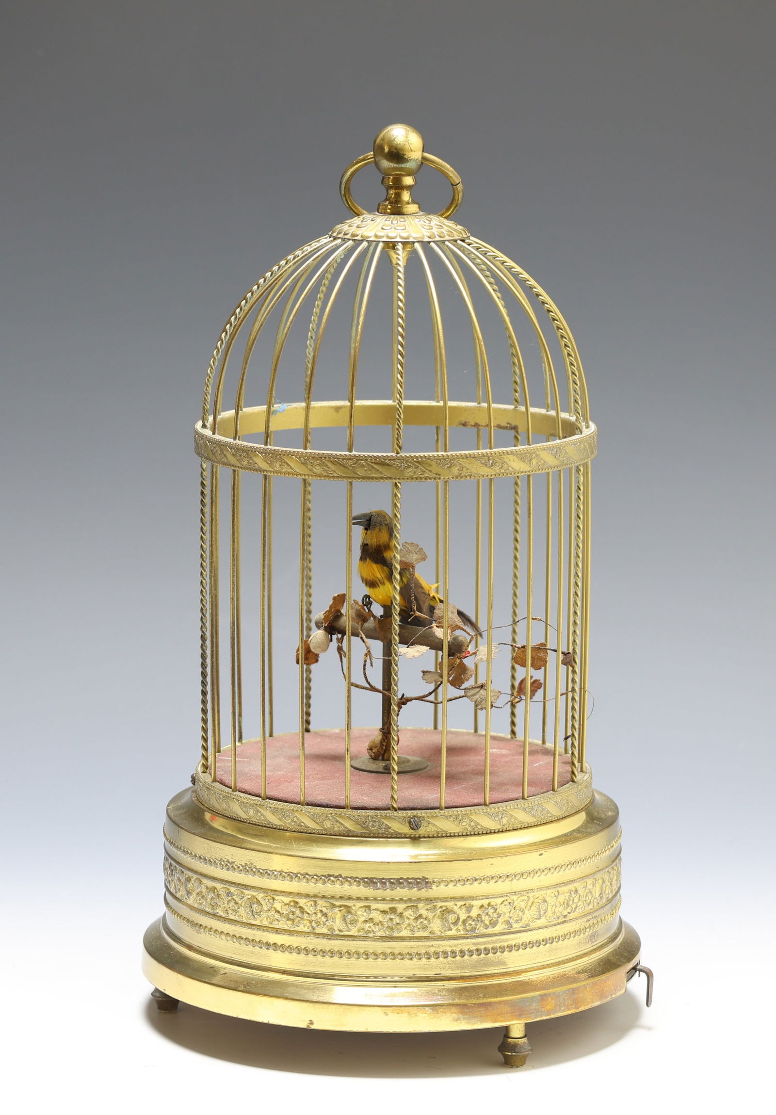 German Singing Bird in Cage Automaton: German automaton with a canary perched on faux foliage in a brass cage and a winding movement. Marked Made in Germany. First half 20th C. In working condition. 12"h x 6.25"w