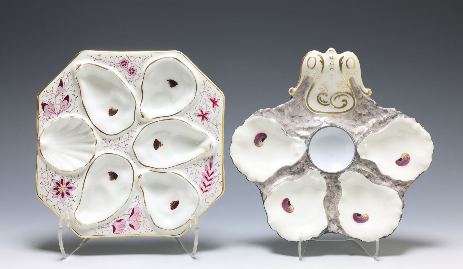 Oyster Plates: J.W. Boteler, c. 1874, Majolica oyster plate, gilt decoration, hand painted, 4 wells, unmarked. Porcelain Tyndale & Mitchell, Philadelphia, 5 well oyster serving plate, hand painted, gilt trim,