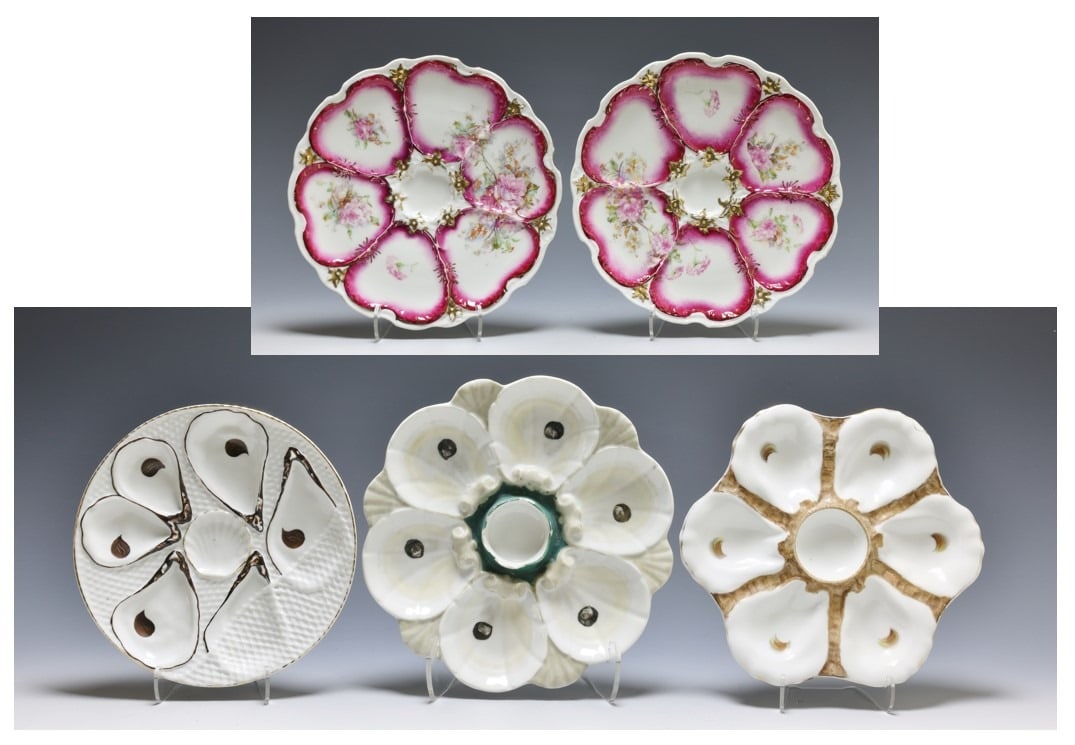 Oyster Plates: German trompe l'oeil napkin porcelain oyster serving plate, the design is to create an optical illusion of empty oyster shells on a napkin, hand painted, textured, 6 wells. Porcelain oyster serving