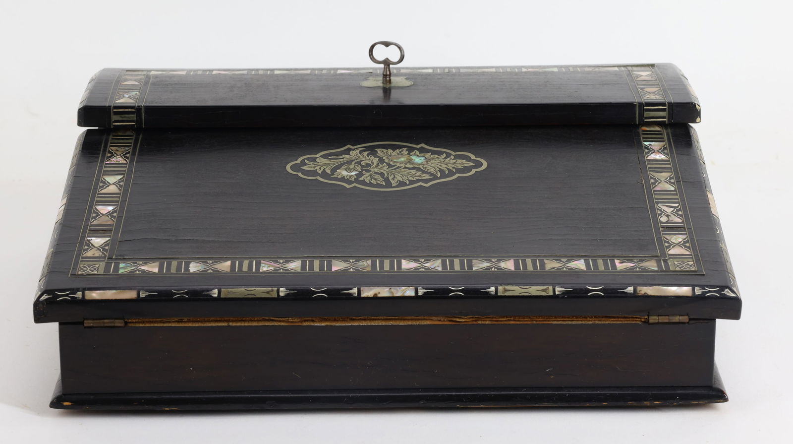 Regency Rosewood and Mother-of-Pearl Inlaid Lap Desk: Fitted interior with a fold-down purple felt writing surface, pen and double sided ink well compartment, and document compartment. Some surface wear along the top consistent with age.