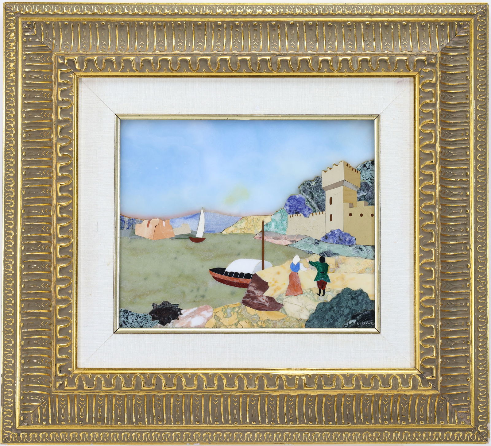 Pietra Dura Coastal Scene: Mosaic of Florentine Lake Cuomo, signed Bini. 8.5"h x 10.5"w sight and 18.5"h x 20.5"w framed.
