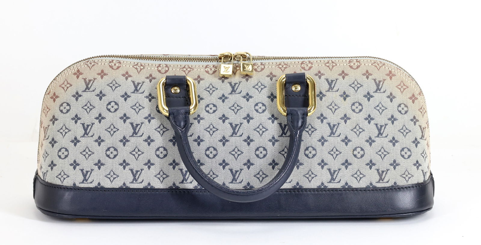 Louis Vuitton Monogram Mini Lin Alma Purse: Louis Vuitton Monogram Mini Lin Horizontal Alma Long Bag, date code AR1001" (Made in France, 2001), rolled dark blue leather straps and bottom. Gold colored fittings with LV monograms (including