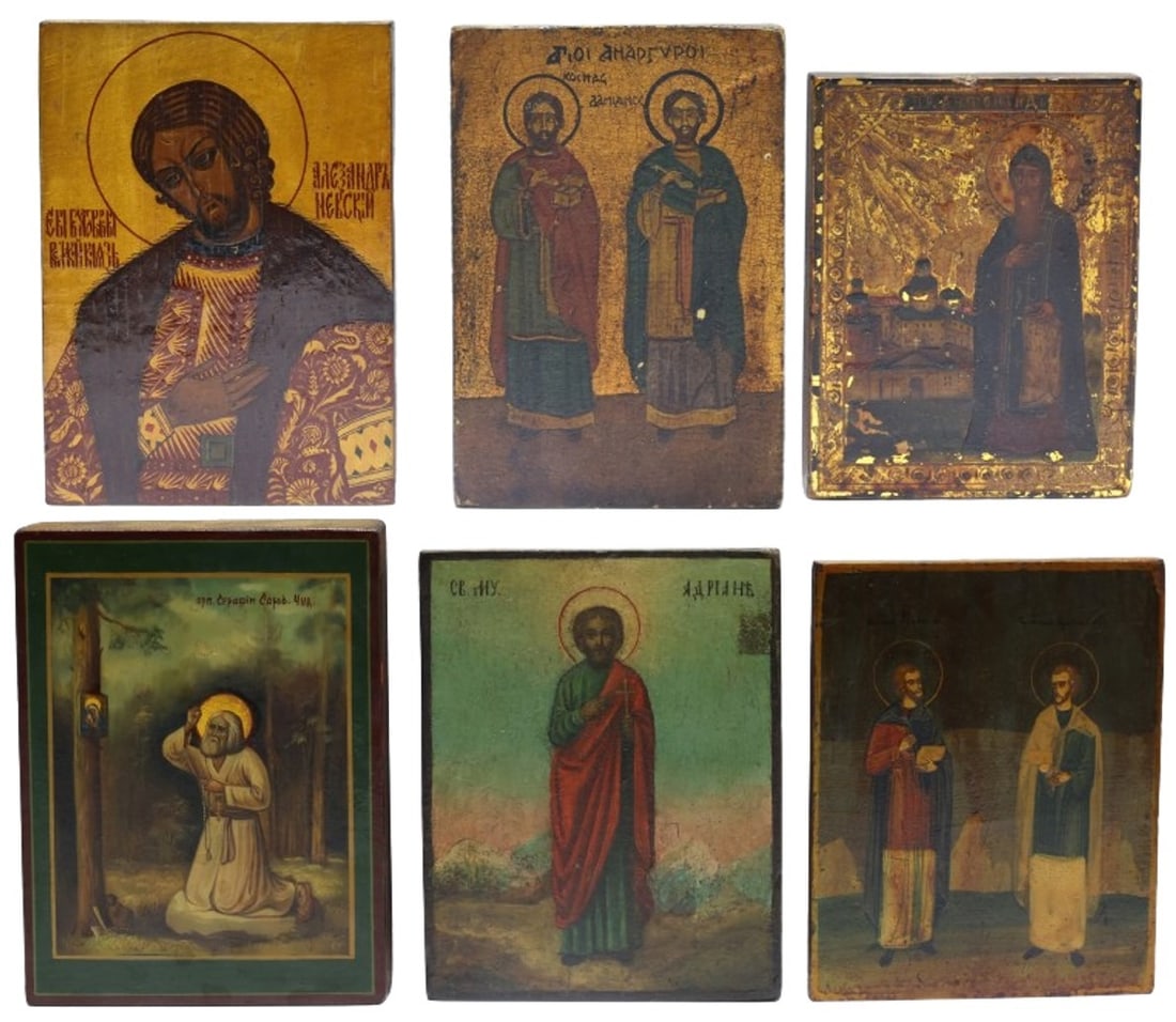 19th c. Russian Icons: 19th–early 20th century, (6) Russian Orthodox Icons, tempera on wood panels. Subjects include St. Alexander Nevsky, (2) Sts. Cosmas and Damian (the Unmercenary Healers), St. Adrian, and St.