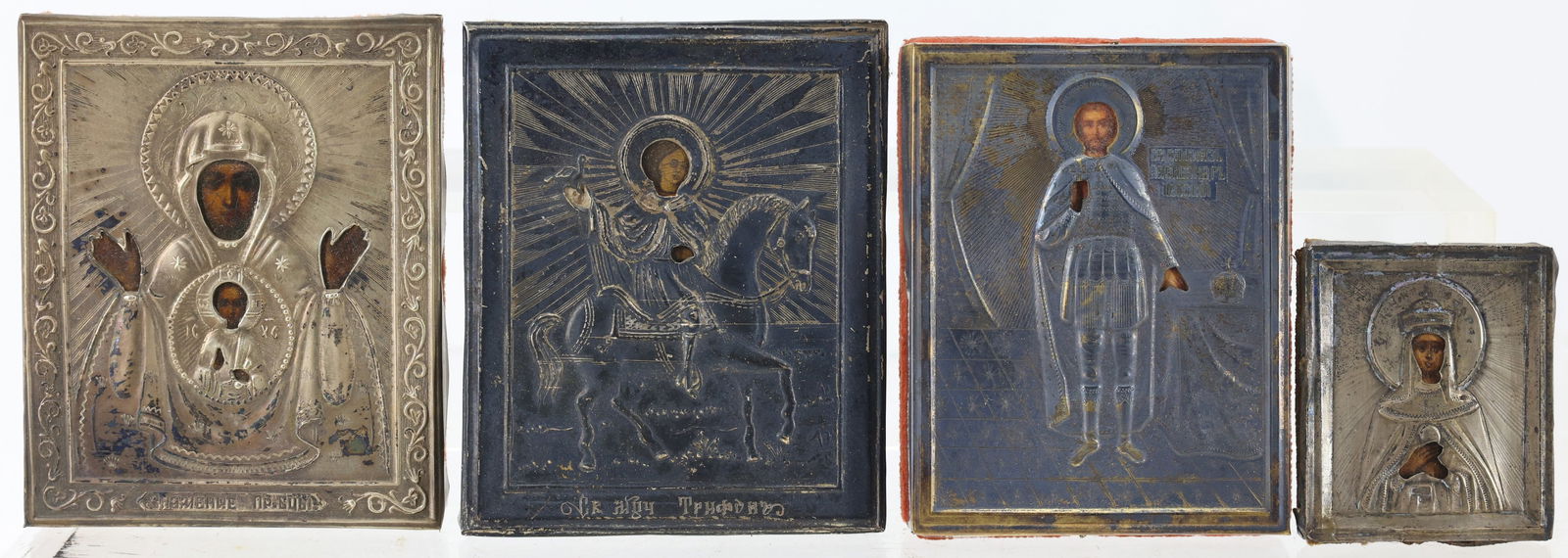 19th C. Russian Silver Oklad Icons: 19th century Russian Orthodox icons with 84 kokoshnik (875 silver) oklads over tempera on panels. "Saint Tryphon" and "Our Lady of the Sign", both marked for St. Petersburg, assayer Aleksandr