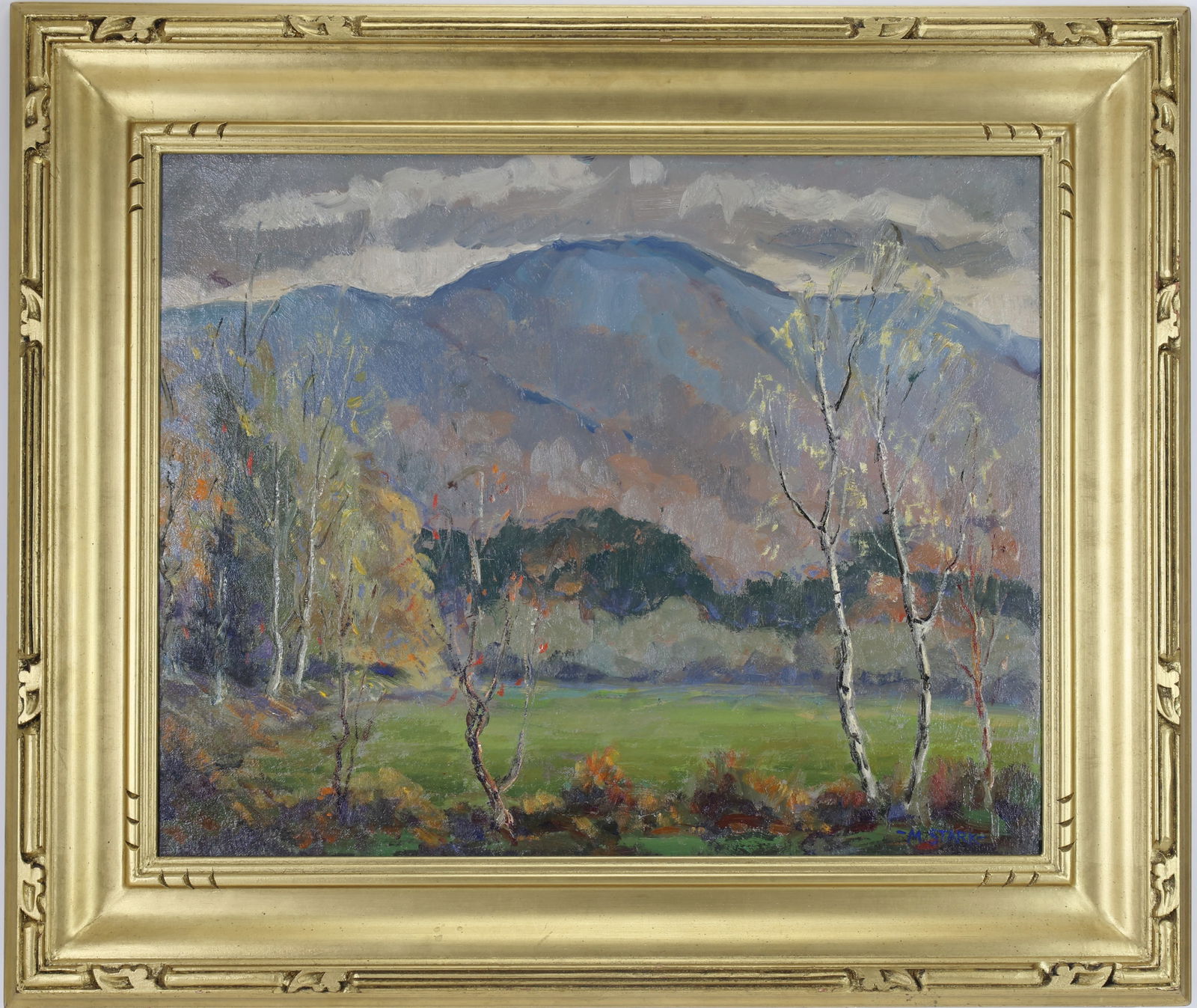 Melville F. Stark (1903 - 1987): Oil on board, SLR. Impressionistic landscape of a green meadow with birch trees, wooded hills, and a blue mountain under a cloudy sky. 16"h x 20"w and 22.25"h x 26.25"w framed