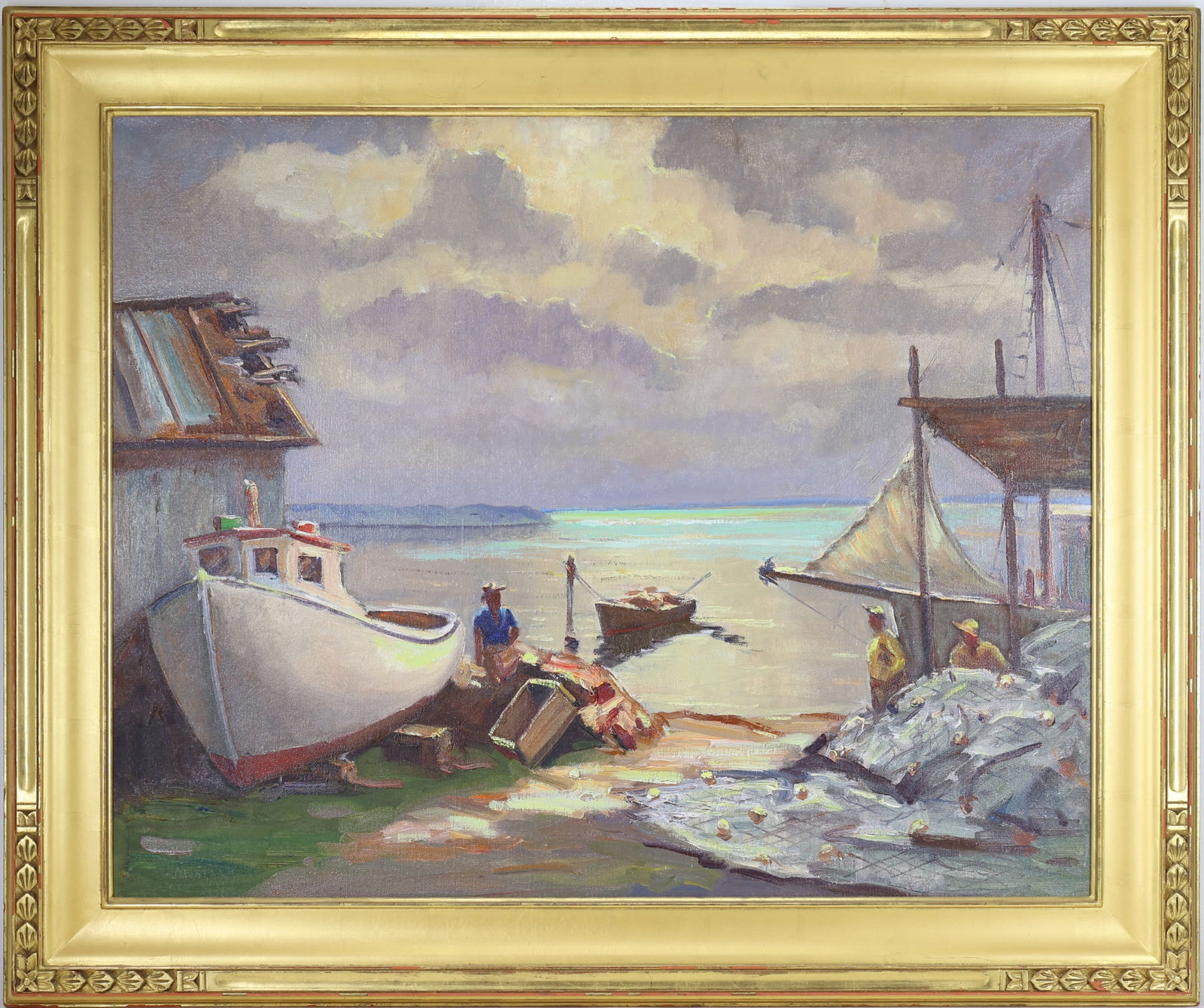 Melville F. Stark (1903 - 1987): Oil on canvas, SLL. Impressionistic harbor scene with fishing boats, dockside figures, and nets along the shoreline under a cloudy sky. 24"h x 30"w and 30"h x 36"W framed