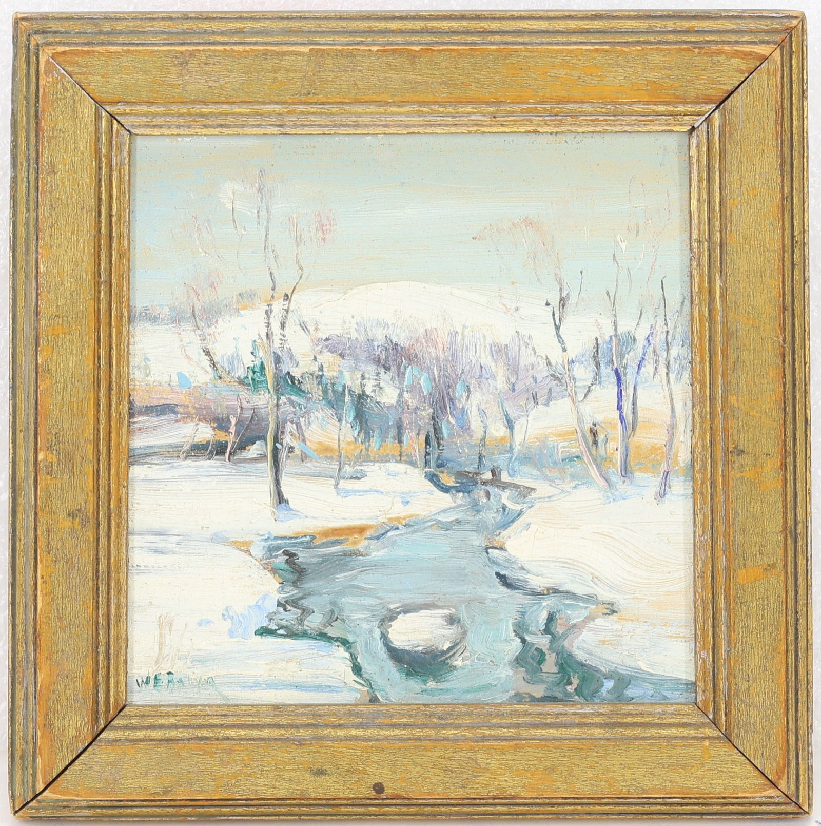Walter Emerson Baum (1884 - 1956): Oil on board, "The Brook", SLL. Impressionist winter landscape with a meandering stream cutting through snow covered ground. 5"h x 5"w and 6.75"h x 6.75"w framed