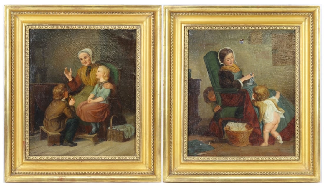 German Genre Scenes: Oil on canvas, unsigned. Biedermeier interior scenes, small tear noted. 13.75"h x 11.5"w and 18"h x 16"w framed
