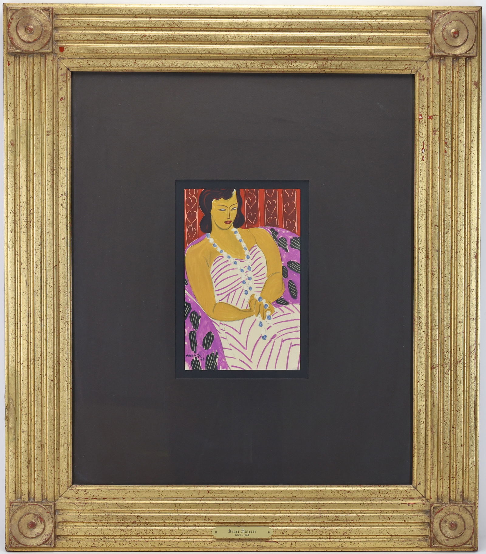 Henri Matisse (1869 - 1954): Offset lithograph, "Madame F.H. Dame à la robe blanche", signed in plate. Modernist portrait of a seated woman. 10.25"h x 6.5"w and 31"h x 27"w framed