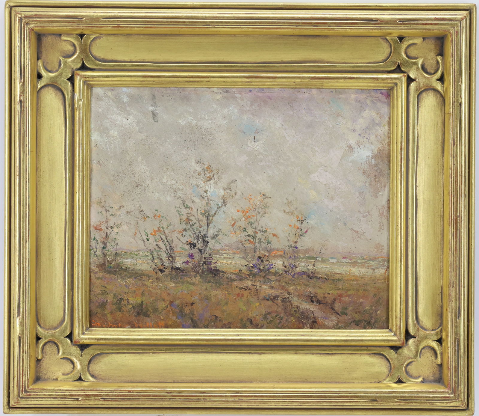 Christopher G. Willett (Born 1959): Oil on board, "Buckingham, Maxinicks Farm", SLL. impressionist landscape with low shrubs along an open field. 8"h x 10"w and 13"h x 15"w framed
