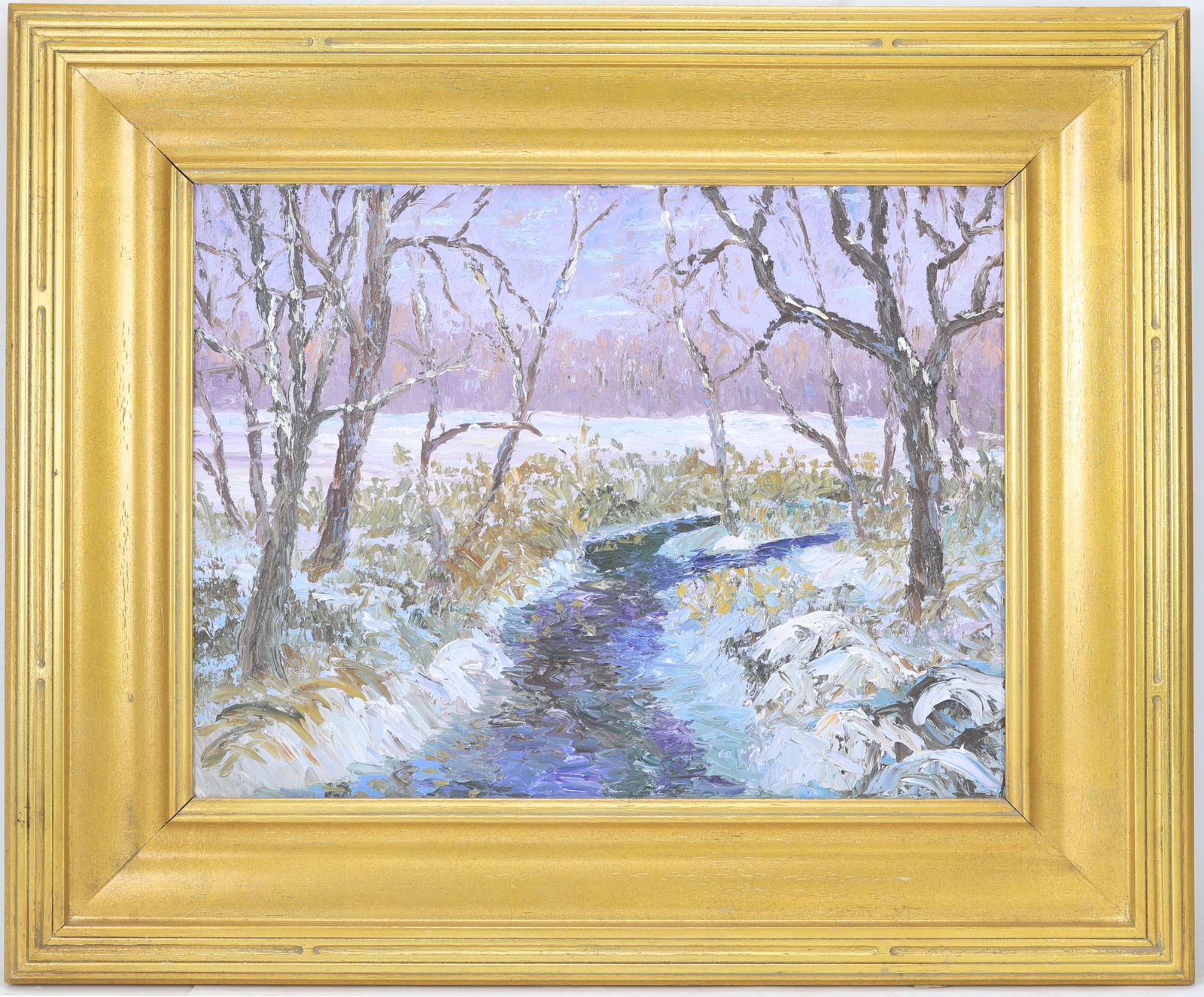 Don F. Kaiser (Born 1958): Oil on canvas, "Brook in Winter", signed and titled en verso. Winter landscape showing a narrow stream winding through snow covered grasses and bare trees. 14"h x 18"w 21.5"h x 25.5"w