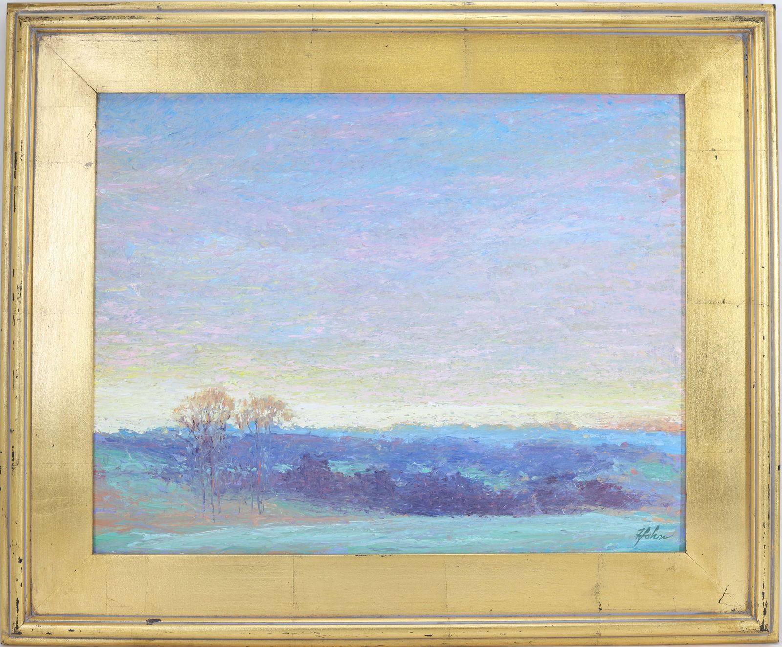 David Hahn (20/21st century): Oil on board, "End of Day", SLR. Impressionist landscape with a pastel sky over rolling fields and distant trees. 16"h x 20"w and 22"h x 26"w framed