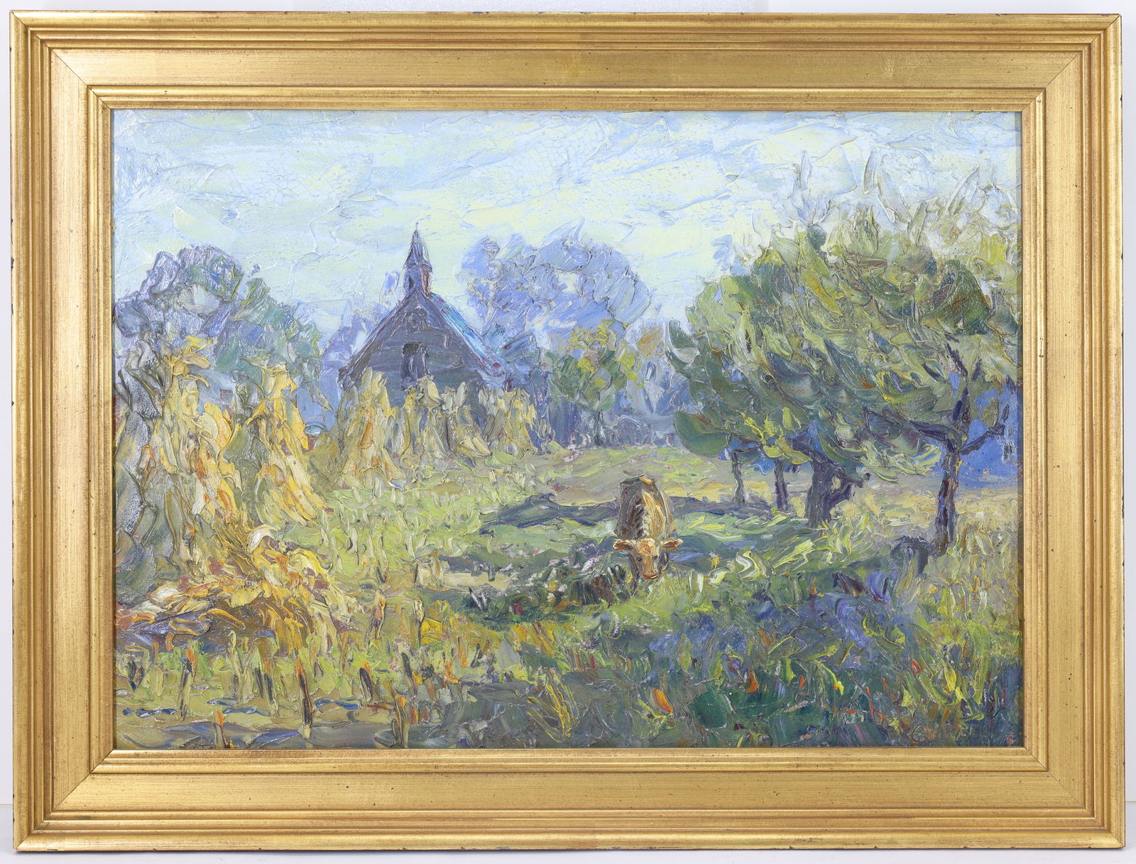 Hugh H. Campbell (1905 - 1997): Oil on board, "Haystacks", SLR. Impressionist landscape of a rural field with trees, farmhouse, and distant hills. 14"h x 20"w and 18'h x 24"w framed