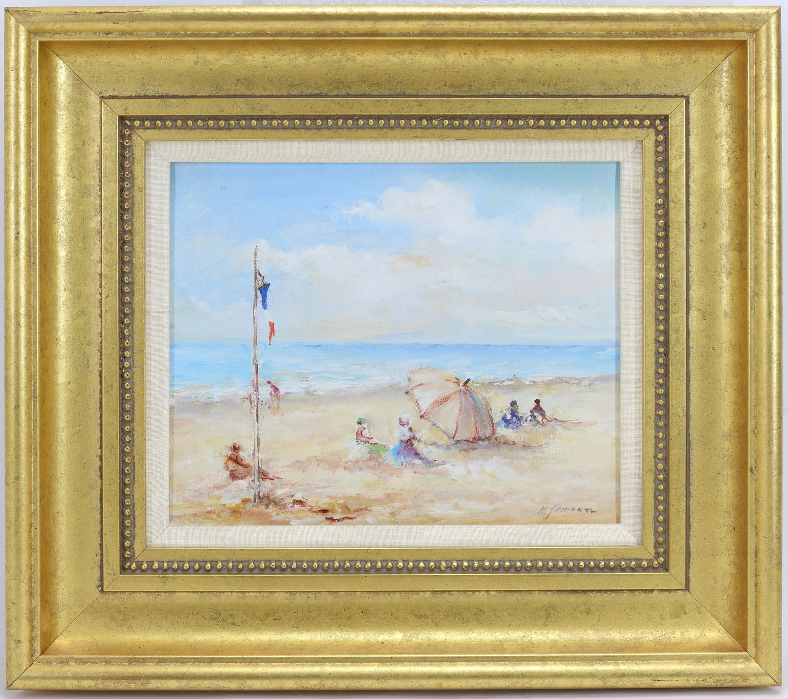 Michel Jamart (Born 1922): Oil on canvas, SLR. Impressionist coastal scene with figures seated on a sandy shoreline. 9"h x 10.5"w and 15"h x 17"w framed