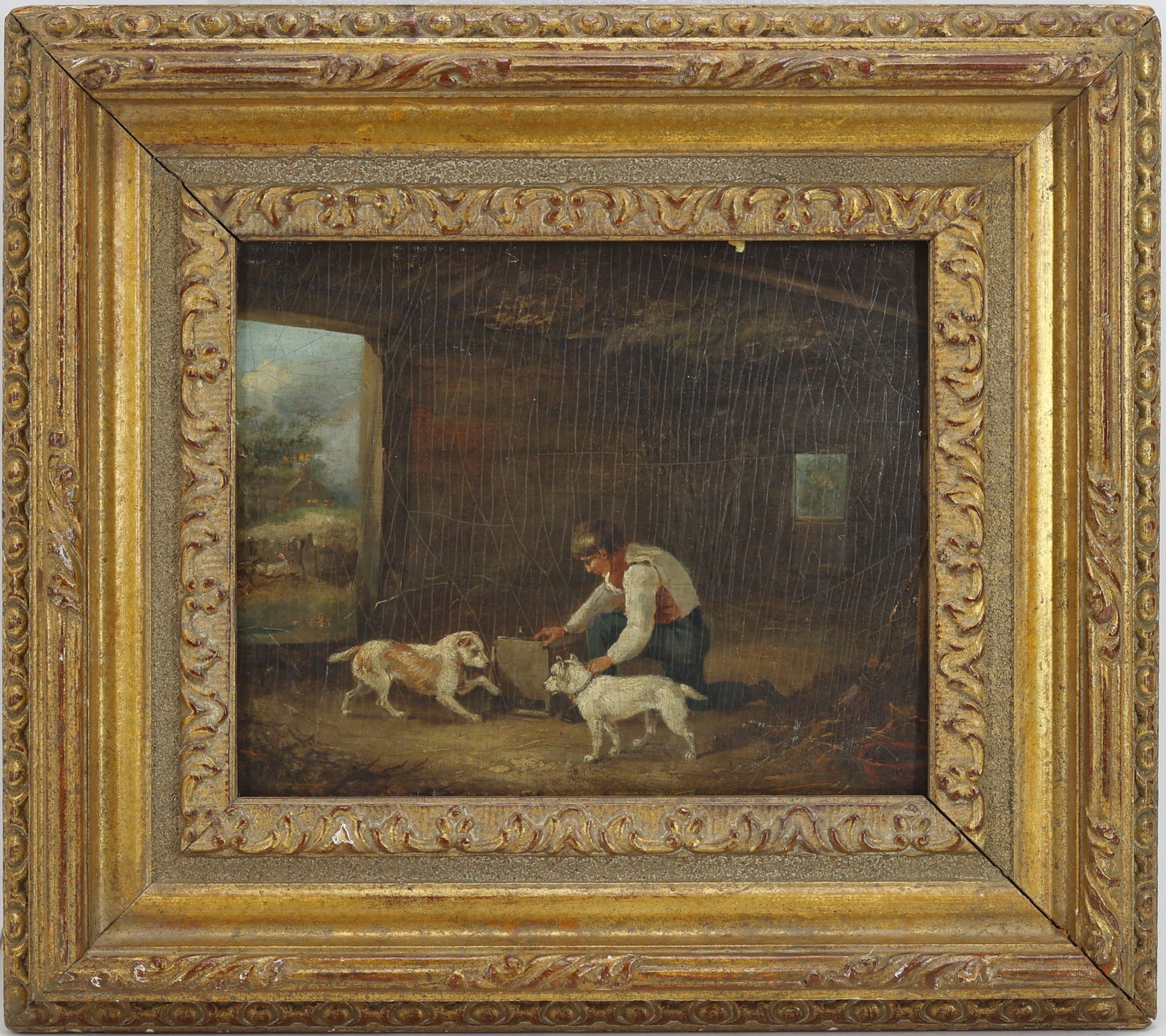 George Morland (1763 - 1804): Oil on board, ILR. Chipping around edge under frame. 8.75"h x 11"w and 14.5"h x 16.5"w framed