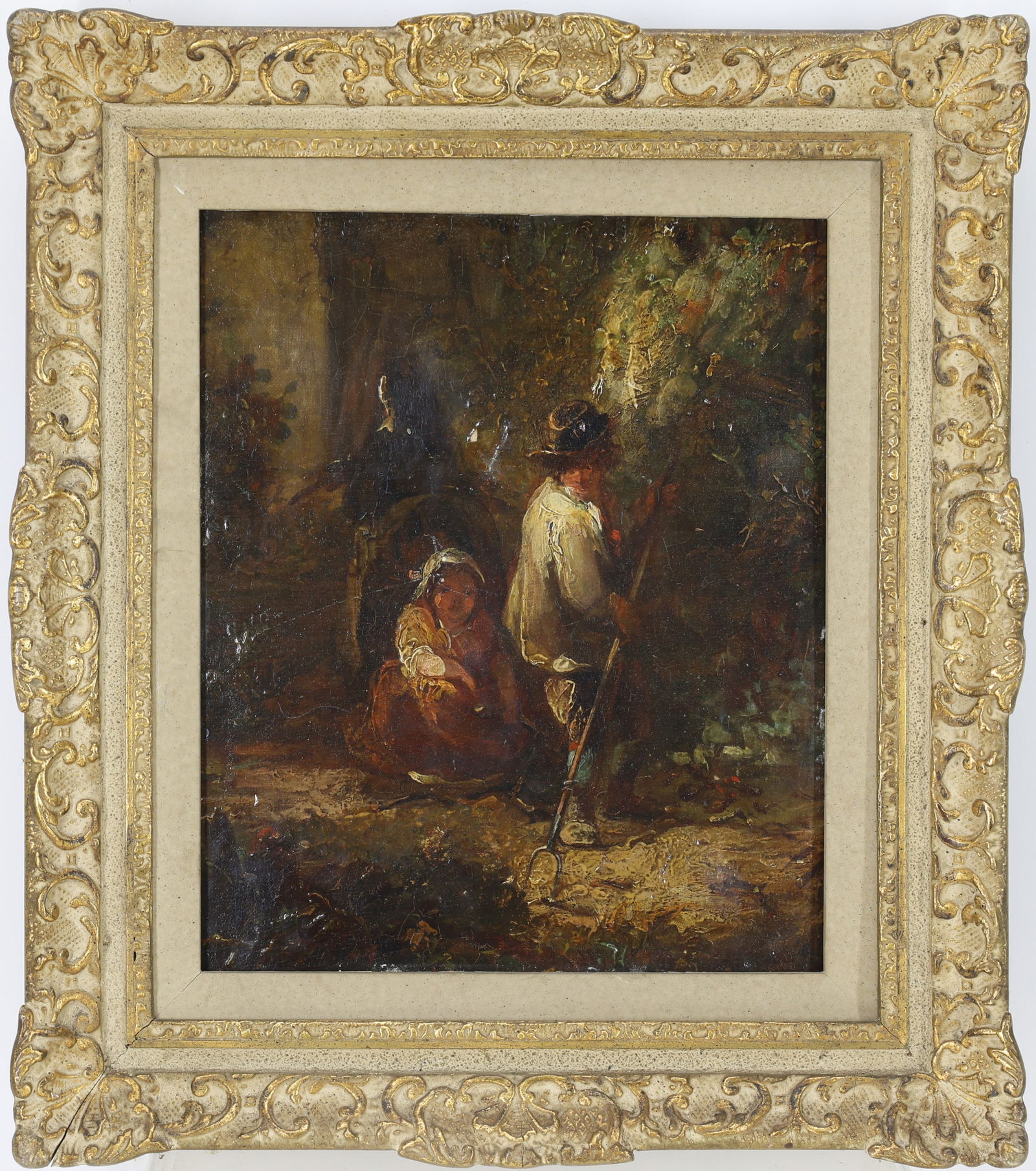 George Morland (1763 - 1804): Oil on board, "The Bon Fire", SLL. Dutch inspired scene with with figures examining livestock. 10"h x 12"w and 17"h x 19" framed