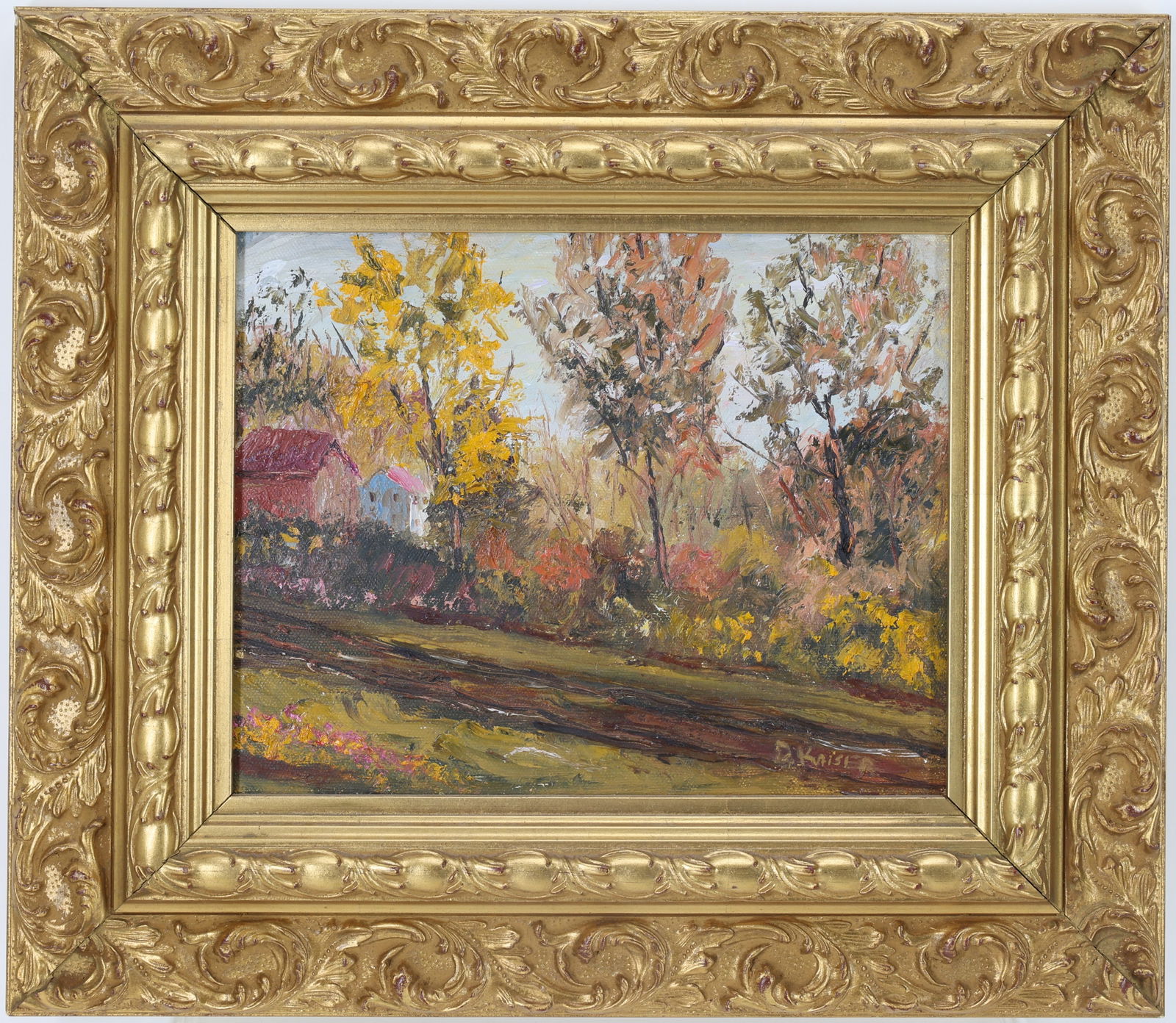 Don F. Kaiser (Born 1958): Oil on canvas, SLR. c. 2002. Impressionist scene with fall foliage, rural path, and distant farm buildings. 8"h x 10"w and 13.5"h x 15.5"w framed