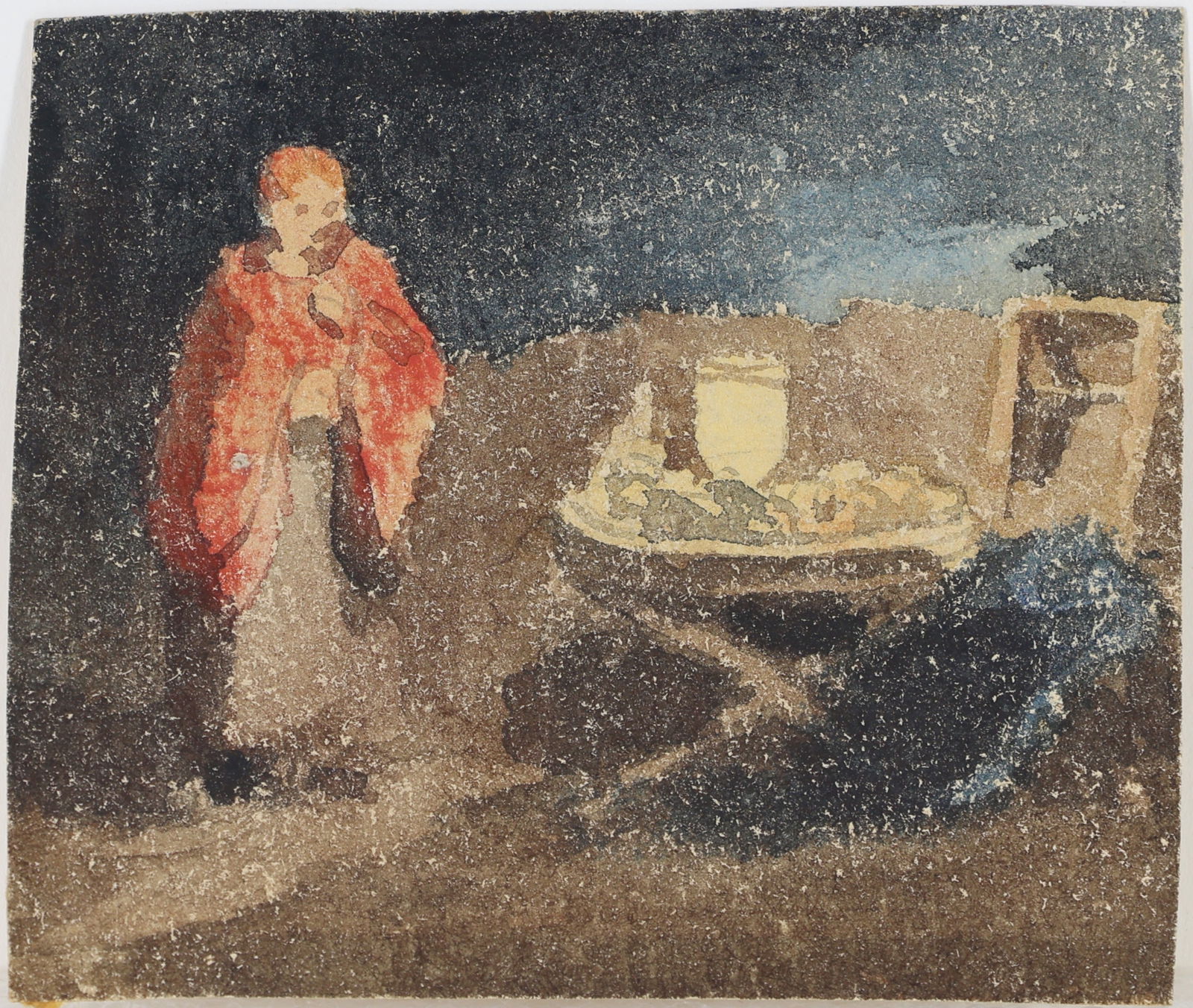 Thomas Sully (1783 - 1872): Watercolor on paper, unsigned. Scene of a cloaked figure beside a table. 2.75" x 3.50" sheet